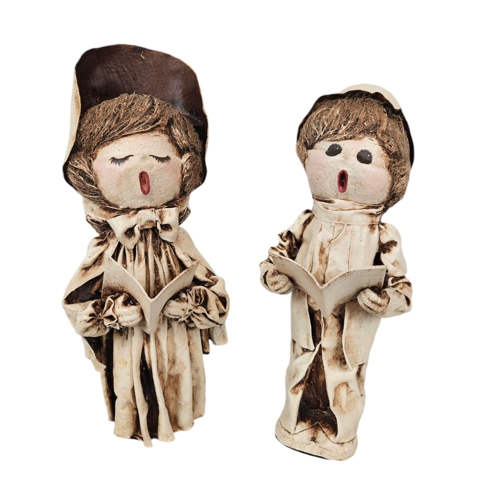 Vintage Minimalist Paper Mache‎ Boy & Girl 12" Christmas Caroler Set of 2